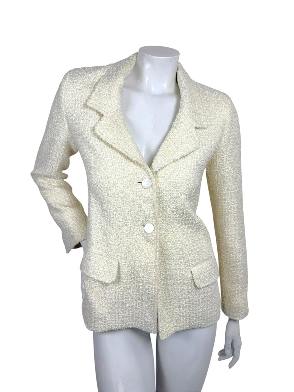 Vintage Chanel Boutique Ivory Bouclé Blazer CC Buttons